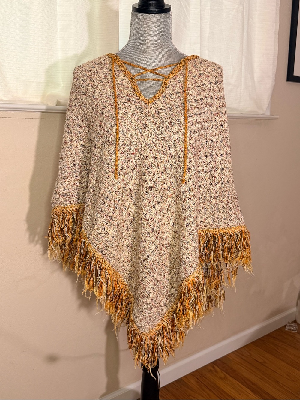 Sabra Vintage Cozy Fringe Knit Poncho Sweater